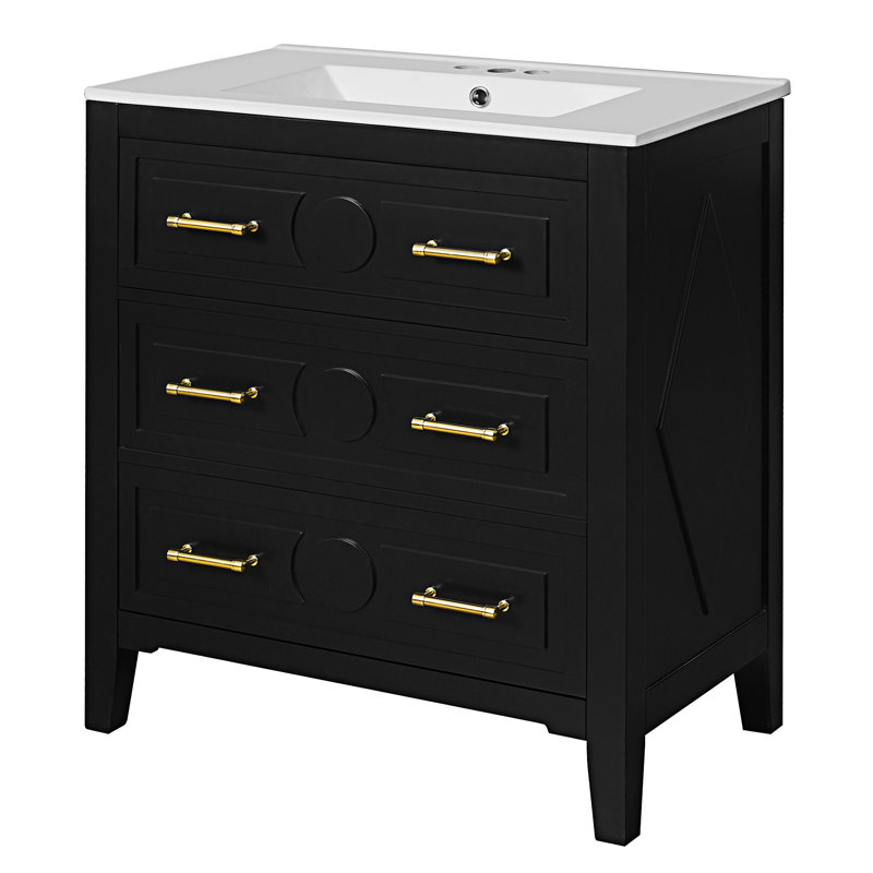 Ensemble de meuble-lavabo autoportant avec lavabo en céramique séparé, Noir, Doré