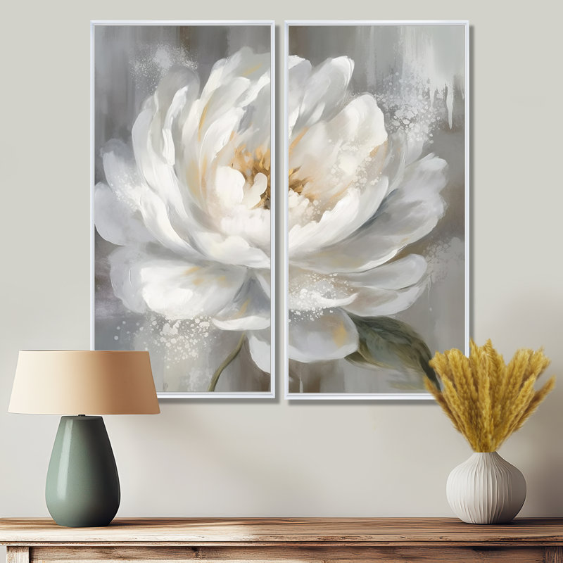 Art pivoines blanches et grises - art mural grandes pivoines, H 40 po x l 40 po, Reproduction encadrée sans passe-partout