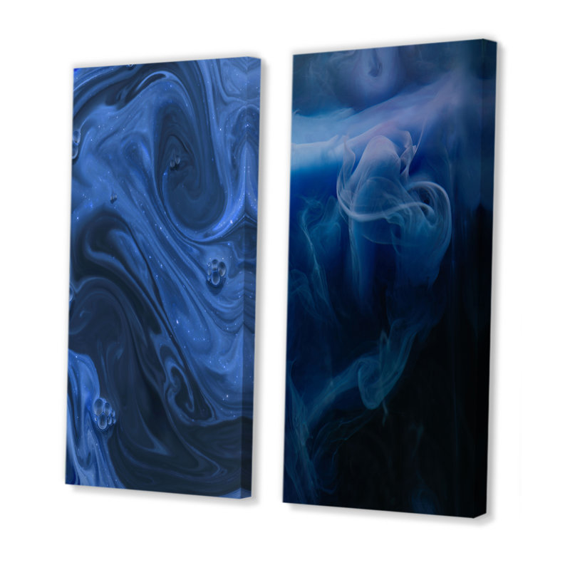 Art abstrait marbré bleu foncé - ensemble de 2 peintures sur toiles, Toile tendue, H 20 po x l 24 po x P 1 po