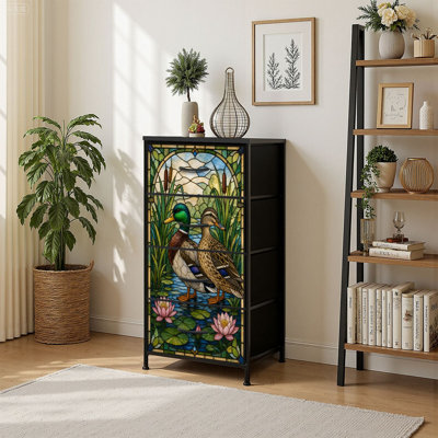 4 Drawer Vertical Storage Dresser Mallard Ducks Wetland Pond with Wood Top Fabric Pull Drawers