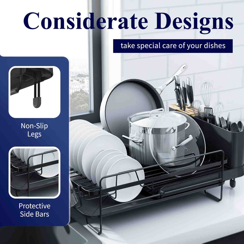 Black Stainless Steel Extendable Dish Rack with Utensil Cup