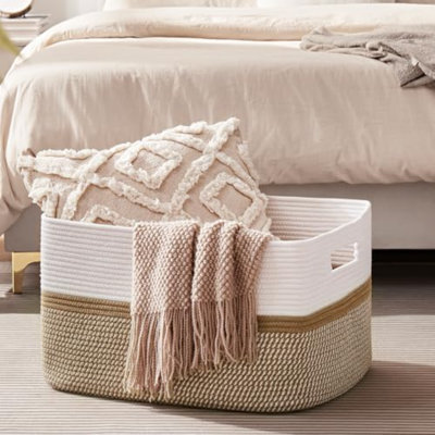 Grand panier à couvertures, paniers tissés rectangulaires de 22 po x 17 po x 12 po, salon de rangement pour couverture de chambre de bébé, rangement pour jouets avec poignée, grands paniers de rangement - jaune / blanc