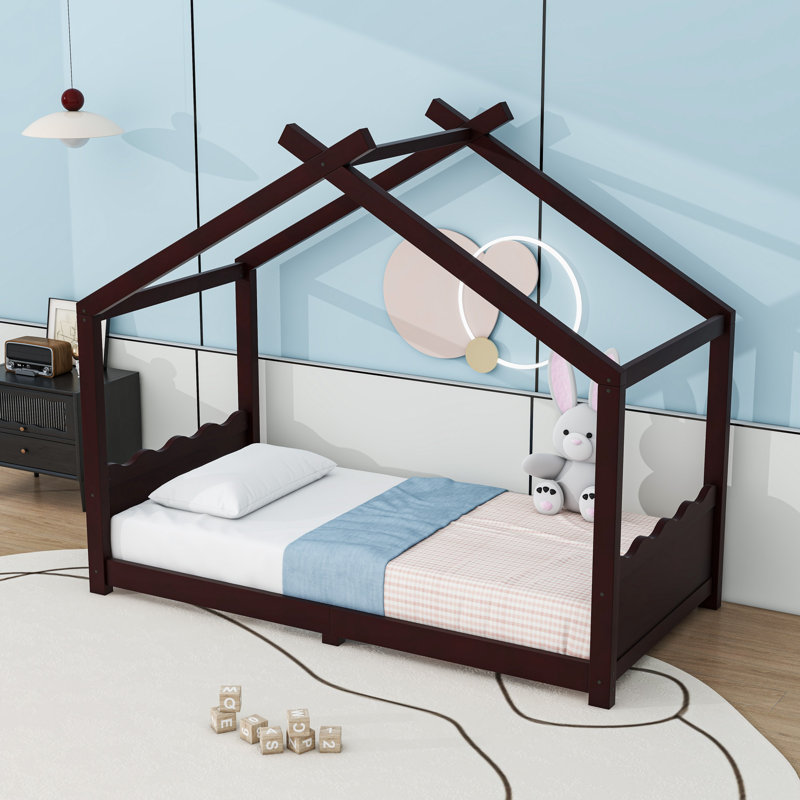 Wood House Floor Bed With Slats, Twin, Espresso
