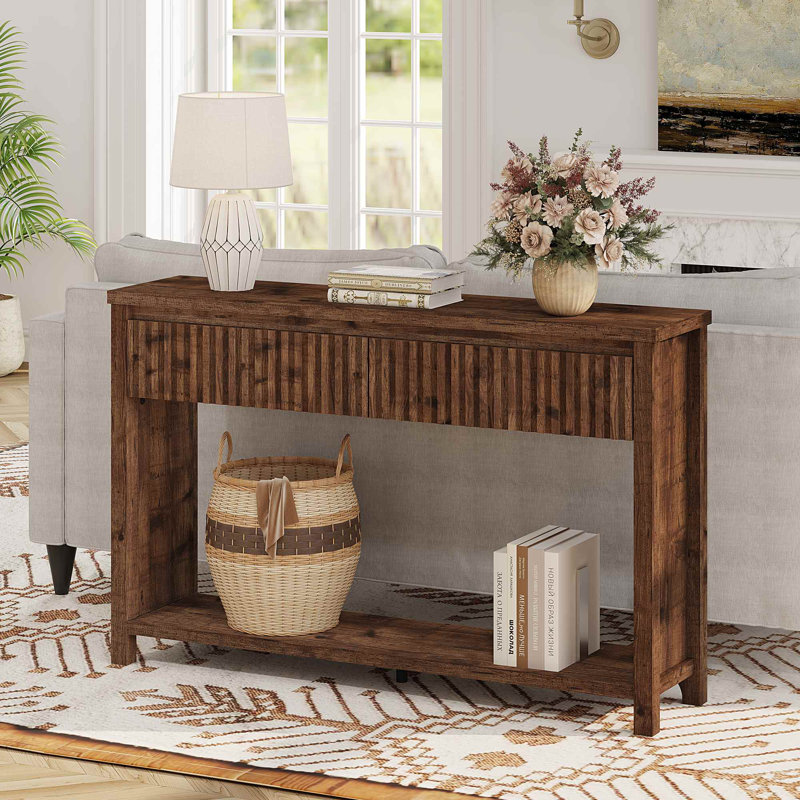 Aust 47.36'' Farmhouse 2-Tier Console Table with Drawers, Wooden Sofa Table for Living Room, Entryway, Hallway, Rustic Oak