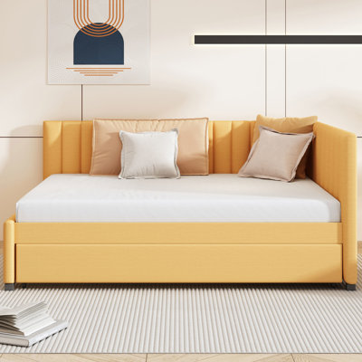 Full Size Daybed With Trundle In Yellow Linen, Solid Construction, No Box Spring For A Comfortable Night And Spring, Long-Lasting Wood Structure Bedroom