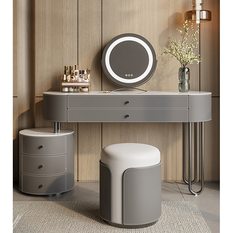 Table de coiffeuse contemporaine en cuir simple avec plateau en pierre et unité de rangement