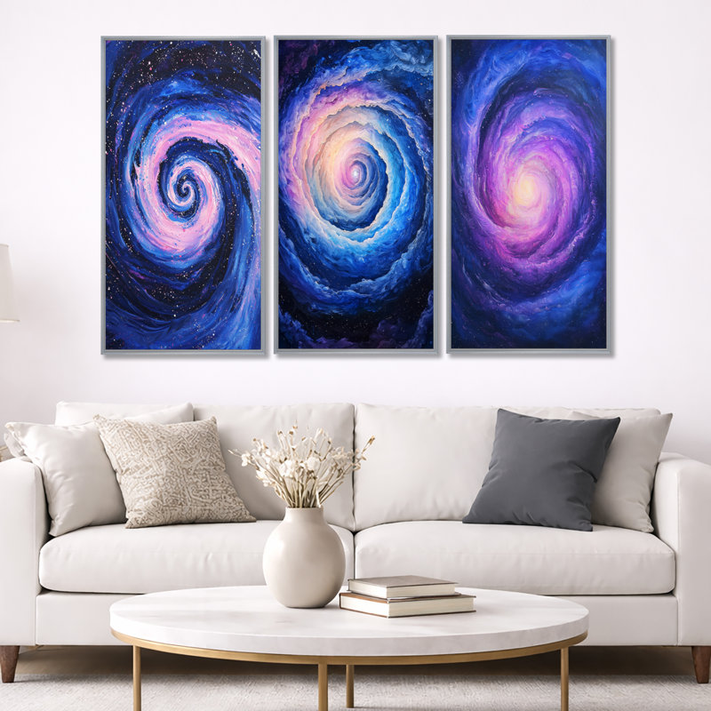 «Radiant Aura of Space Vortex - Pink Space», art mural 3 pièces, 40" H x 60" W, Silver Floater Framed