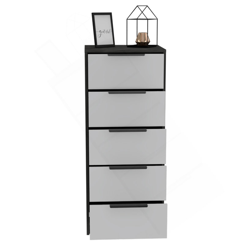 Dresser 42"H, 5 Drawer, Vertical Dresser, White / Smokey Oak