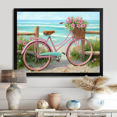 Vélo rose avec roses roses sur un chemin de plage - décoration murale bord de mer