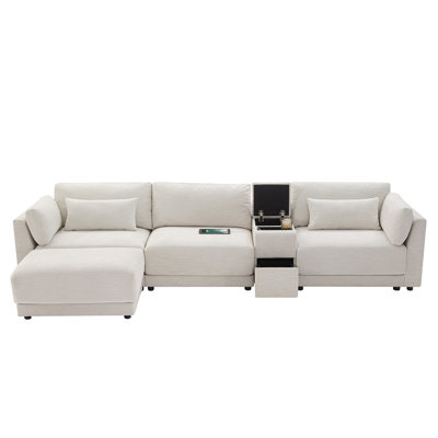 Canapé modulaire en forme de L de 124 po avec console de rangement multifonctionnelle, chargeur câblé et sans fil, repose-pieds mobile, coussin plus large et plus épais, combinaison libre pour le salon et l’appartement, chenille