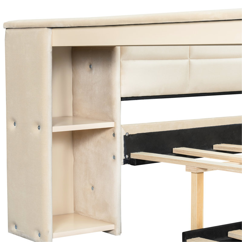 Lit plateforme tapissier pleine grandeur avec tablettes de rangement, bureau, station de charge et lit gigogne, beige, Beige