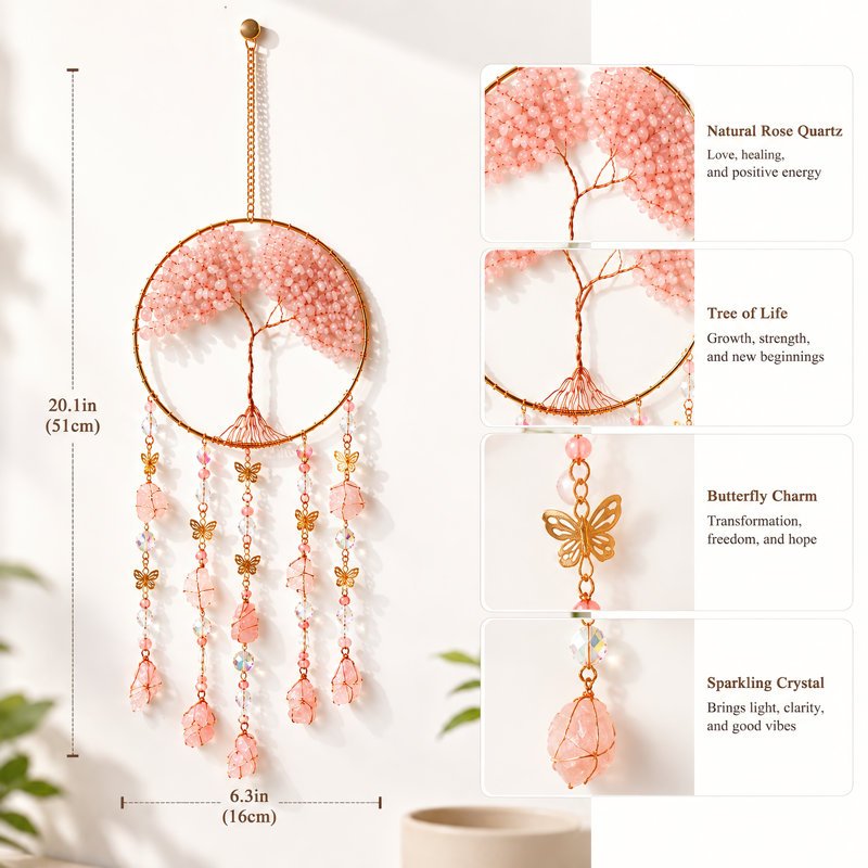 Décoration suspendue en cristal avec motif d'arbre de vie rose