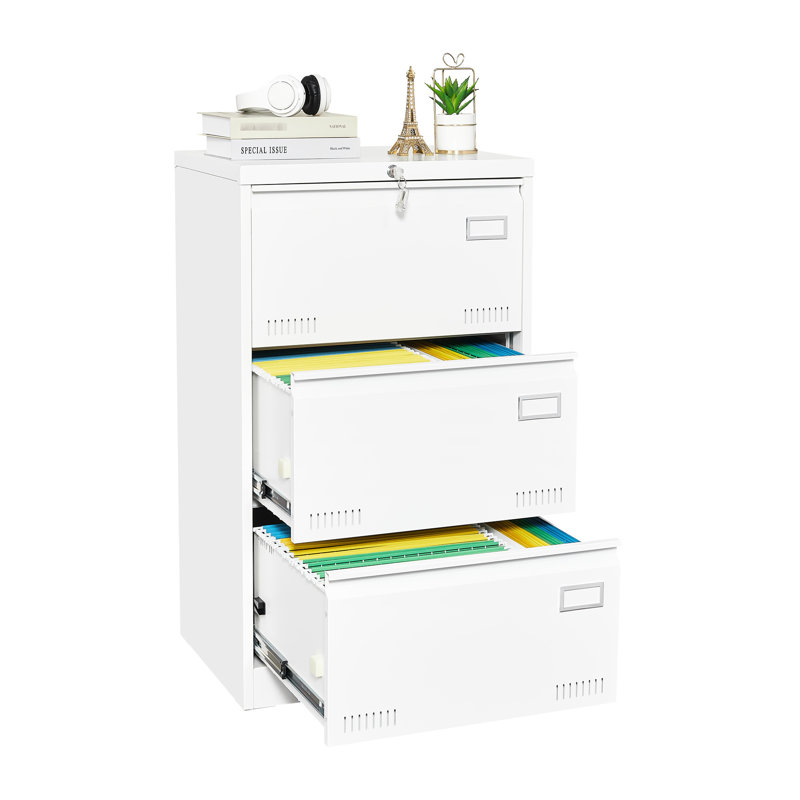3 Drawer Filing Cabinet In White Metal, Locking, Widened Drawers For Enhanced And Organized Office File Keeping With Lock Secure Handling