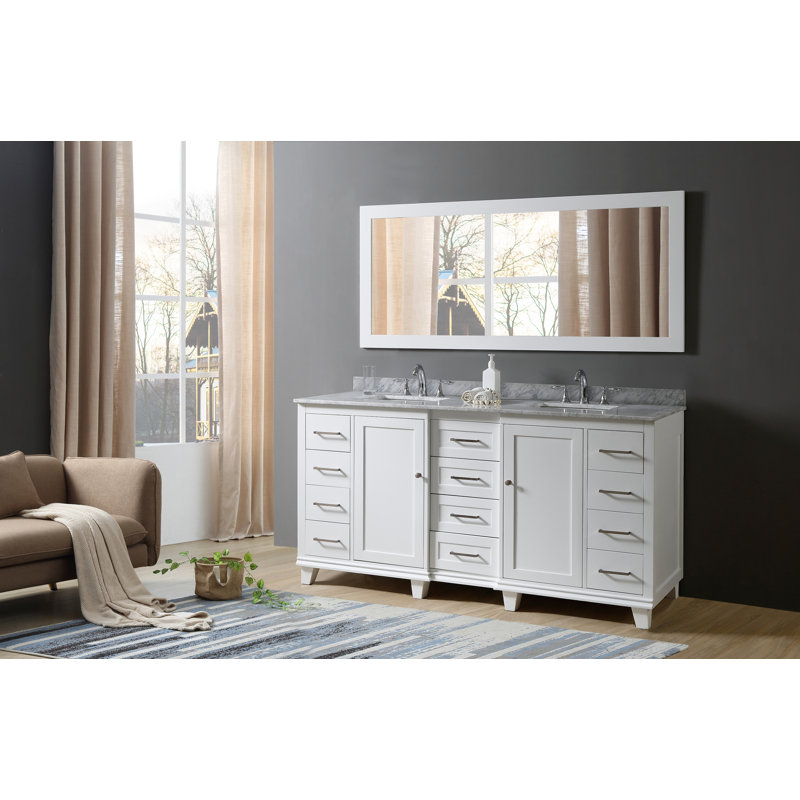 White Double Bathroom Vanity with Marble Top and Storage Drawers