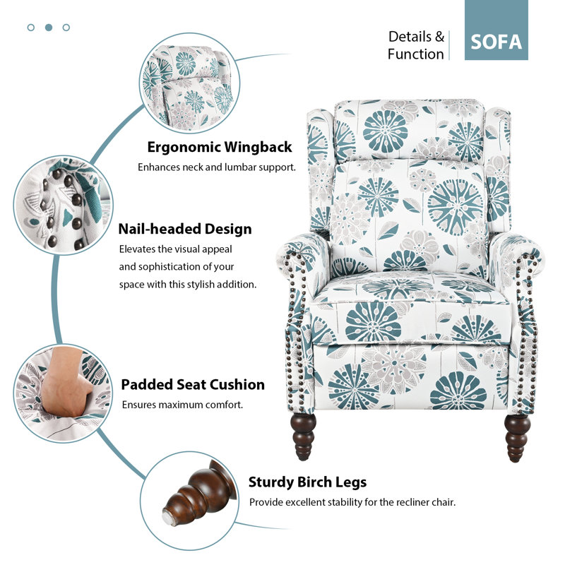 Fauteuil inclinable Roomfitter avec dossier à oreilles et garniture cloutée, motif blanc et bleu