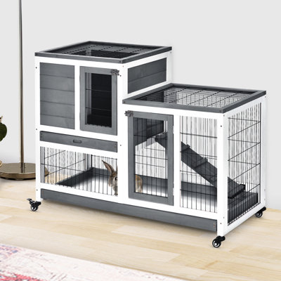 Solid Wood Pet Cage With Wheels And Removable , Grey Small Animal Habitat Bottom Layer,