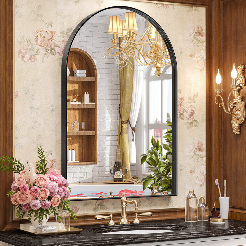 Axia 40''x24'' Metal Arch Wall Mounted Mirror for Bathroom, Living Room, Entryway, Matte Black, 40" x 24"