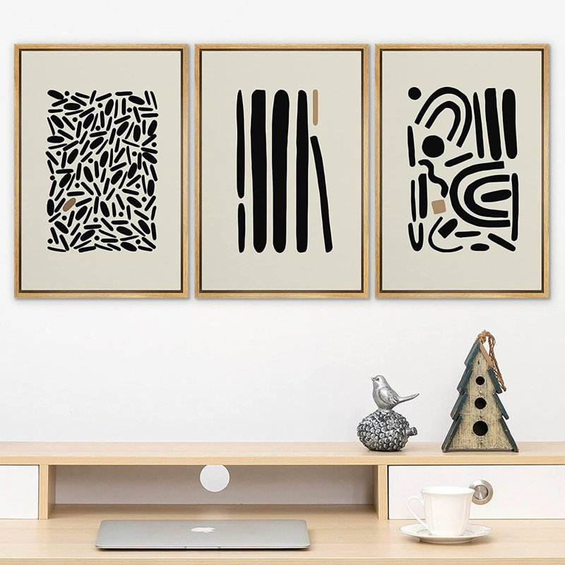 Natural Framed Geometric Abstract Canvas Wall Art Set
