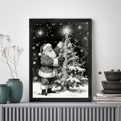 Black Framed Vintage Merry Santa Claus, light up the Christmas tree in winter Wall Art Retro Style Framed Prints
