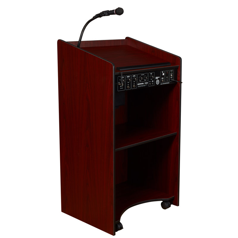Mahogany Mobile Lectern with Wireless Microphone and Storage