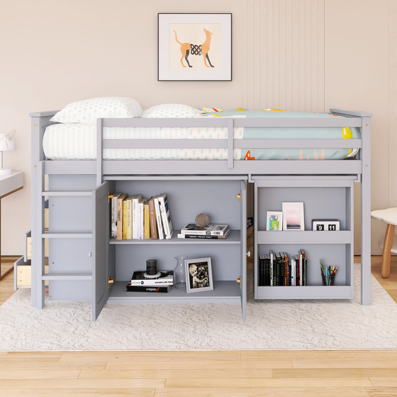 Lit mezzanine simple à structure en bois avec armoire de rangement, tiroir et bureau coulissant, Gris