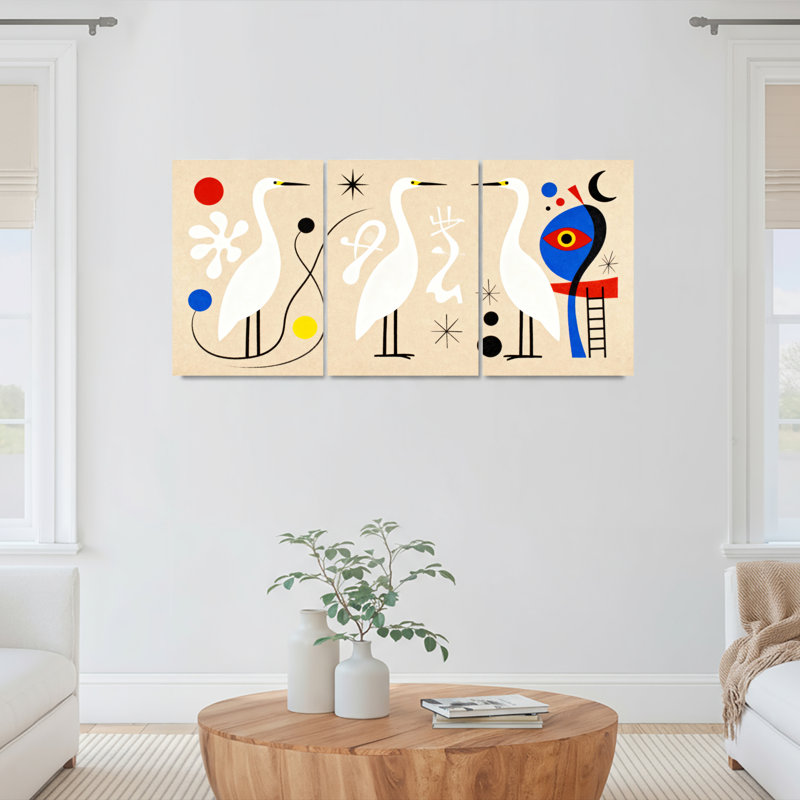 Ensemble de 3 tableaux abstraits sur toile tendue représentant des oiseaux aux formes géométriques et aux étoiles