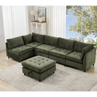 Canapé modulaire modulaire avec repose-pieds avec rangement, canapé en U, repose-pieds avec rangement, minimaliste, canapé modulaire convertible, chenille, rembourré, 6 places, salon, vert
