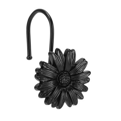 Metal Daisy Shower Curtain Hooks, Rust-Resistant Hooks For Shower Curtain Rods, Set Of 12, Bathroom Daisy Flowers Heavy Duty Design Beautiful Floral Decoration（Black）