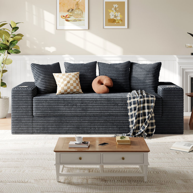 Canapé-lit convertible sans dossier en velours côtelé gris de 195 cm (77 po) avec porte-gobelets et poches latérales, Grey
