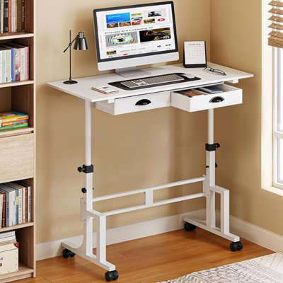 Bureau debout à hauteur ajustable avec 2 tiroirs, petit bureau autoportant avec roulettes, bureau à roulettes portatif pour tapis de marche, bureau d'ordinateur, réglable de 31,5 po à 43,3 po, blanc, stable améliorée