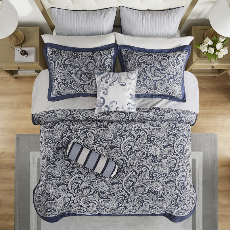 Ensemble d'édredon 12 pièces avec draps en coton, Ensemble de draps pour grand lit, Rétro marine