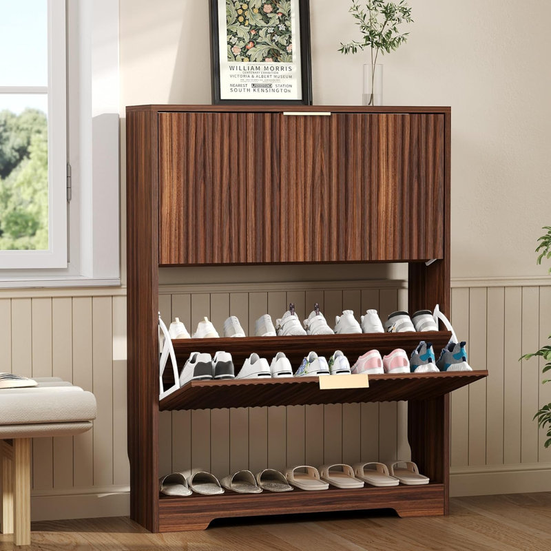 Shoe Storage Cabinet with 2 Flip Drawers, Slim Fluted Shoe Rack Cabinet with Open Storage, Brown Wood