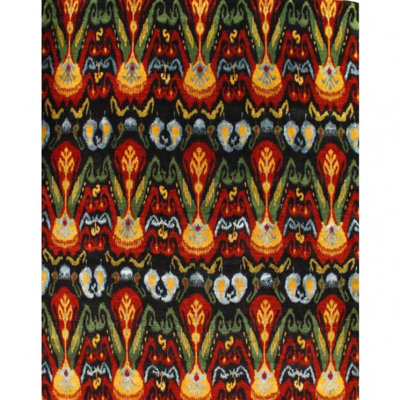 Tapis camarone / or / rouge en laine noué à la main Indian Modern Ikat