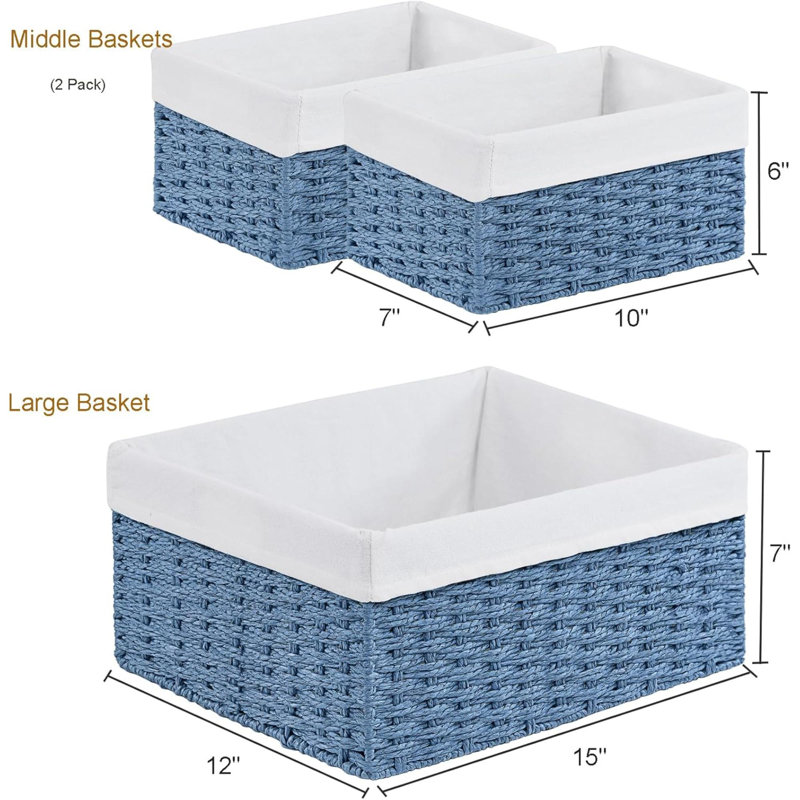 Wicker Basket, Set Of 3 Hand-Woven Storage Baskets For Organizing, Rectangle Wicker Storage Basket Bins With Handles, Small Toilet Paper Storage Baskets For Shelves & Decor