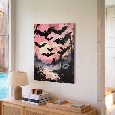 Chauve-souris aux yeux rougeoyants, esseulé rose d'Halloween, art mural sur toile prêt à accrocher