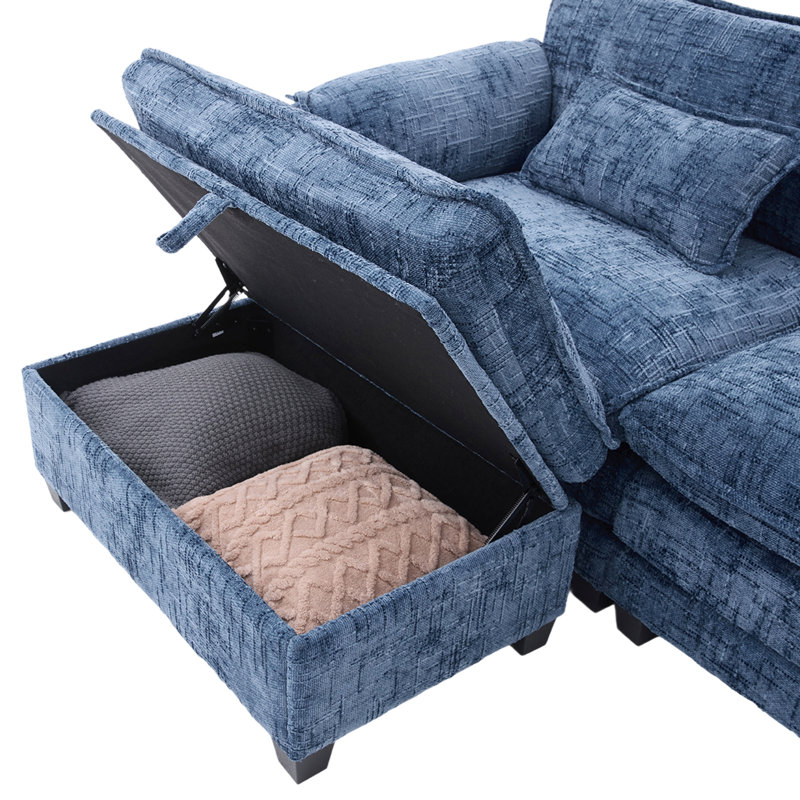 Canapé-lit modulaire de 112 po, chenille douce, éponge haute densité, amovible, double ports de charge surdimensionnés, tissu chenille, mousse à mémoire de forme résilience, poches latérales, mobile