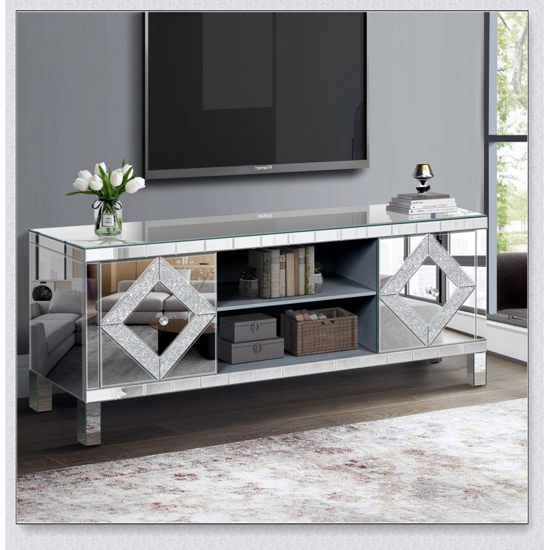 Mirrored TV Stand Mirror Doors with Open Storage
