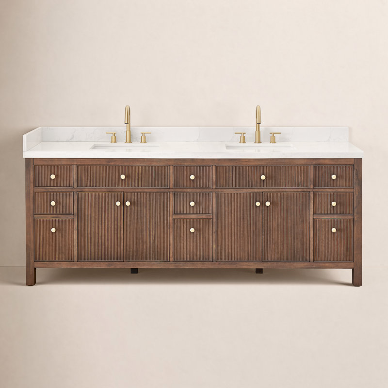 Meuble-lavabo double Lala de 84 po avec comptoir en pierre reconstituée blanche grainée, sans miroir, Chêne brun brossé