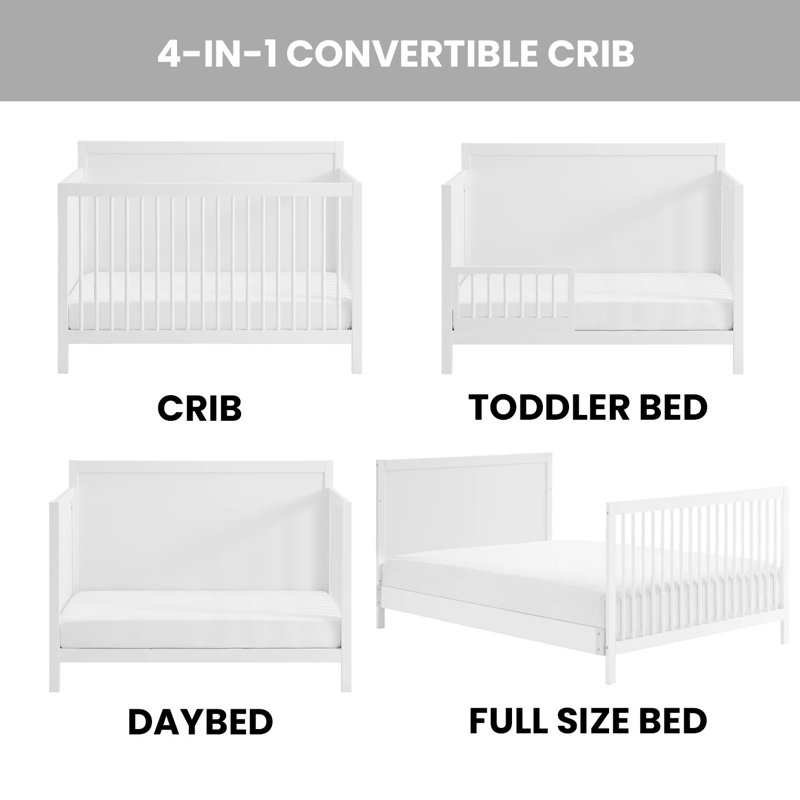White Solid Wood 4-in-1 Convertible Crib with Panel Headboard