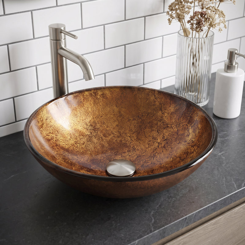Lavabo de salle de bain vasque rond en verre L 17 po x l 6 po H Giovanni Russet, Fusion dorée et brune