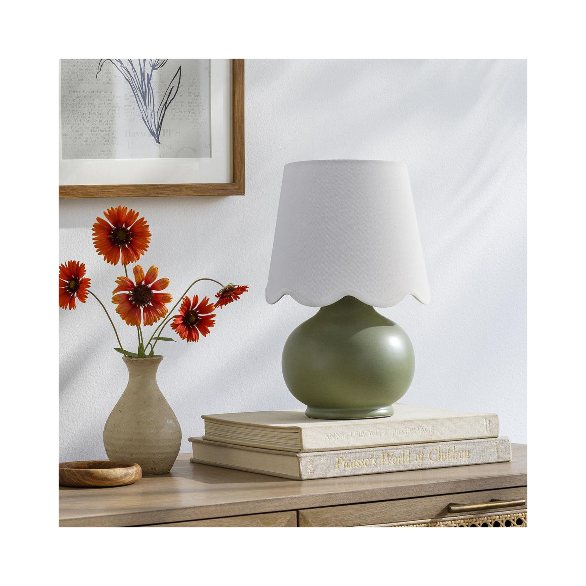 Momsen Scallop Shade Lamp, Khaki, White Twill, 13"" H x 8"" W x 8"" D