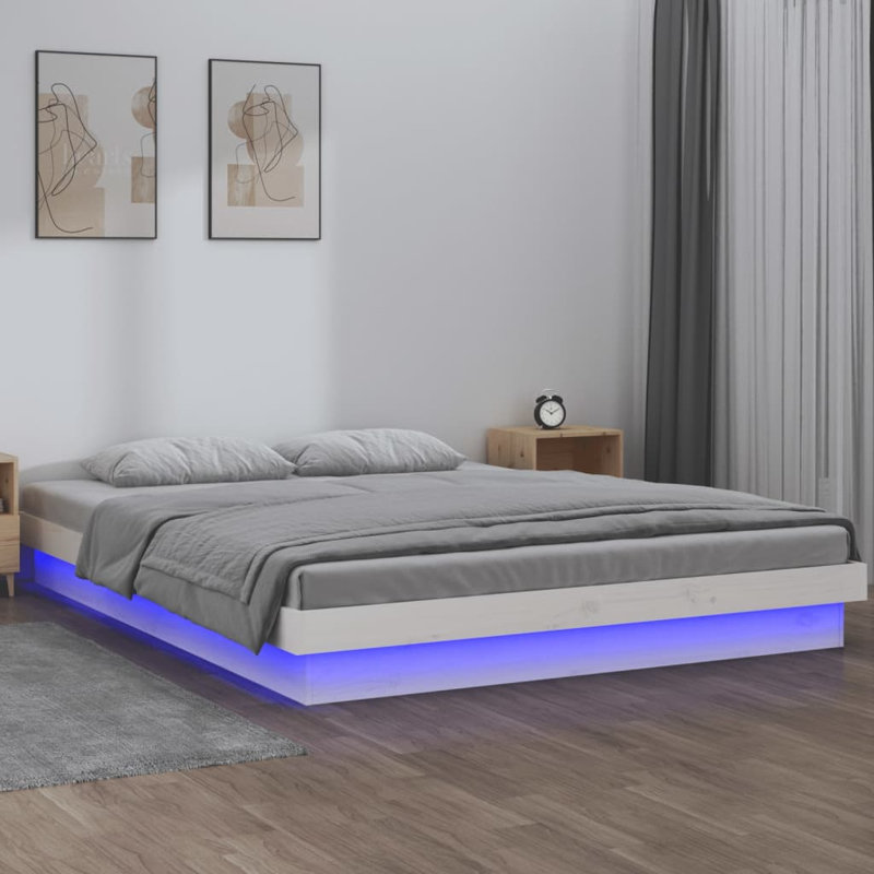 LED Bed Frame Solid Wood, Brown, Double (4'6)