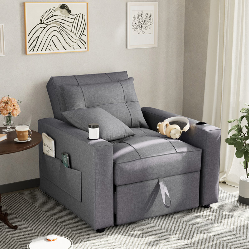 Single 36“ 3-in-1 Pull Out Convertible Sleeper Futon Sofa With Cushions Squared Arm, Dark Gray Polyester