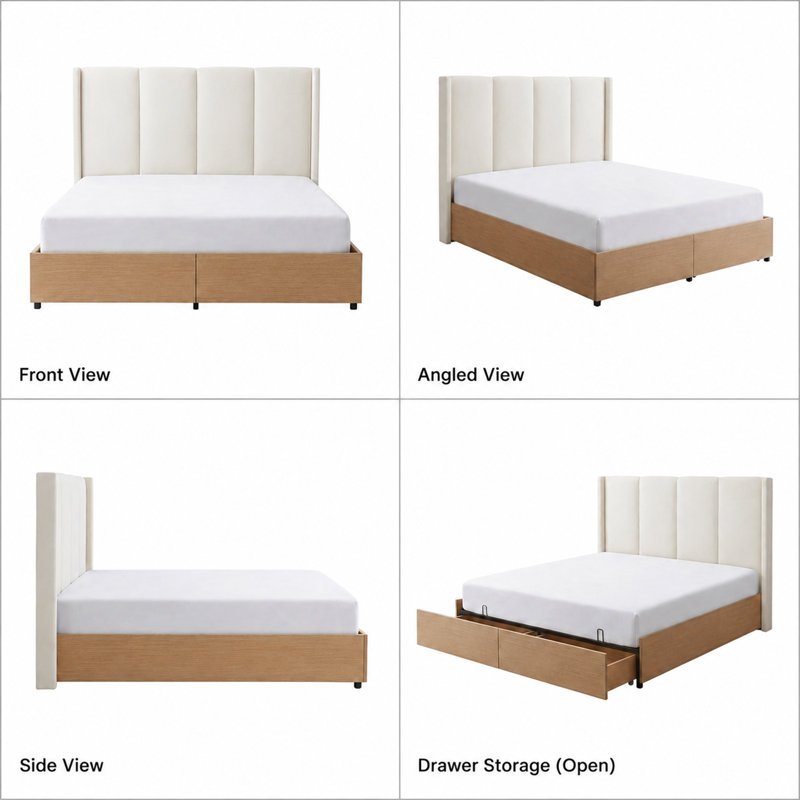 Modern Wingback Upholstered Bed with 2 Footboard Drawers, King, Beige Linen, King, Beige