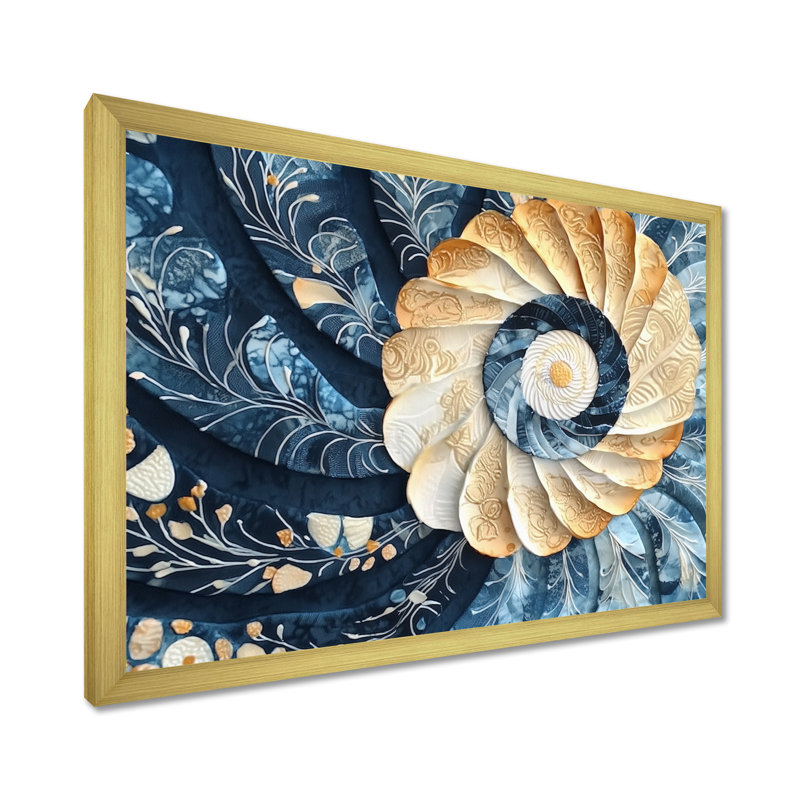 «Coastal Seashell Spiral Of The Ocean II», art abstrait de vagues modernes, H 12 po x l 20 po, Reproduction encadrée, Doré