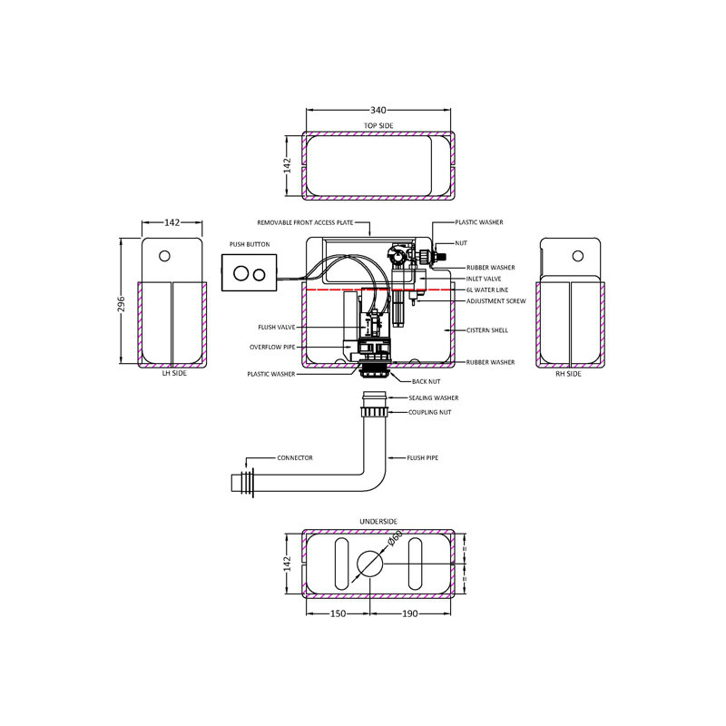 Pneumatic Dual Flush Universal Access Concealed Cistern