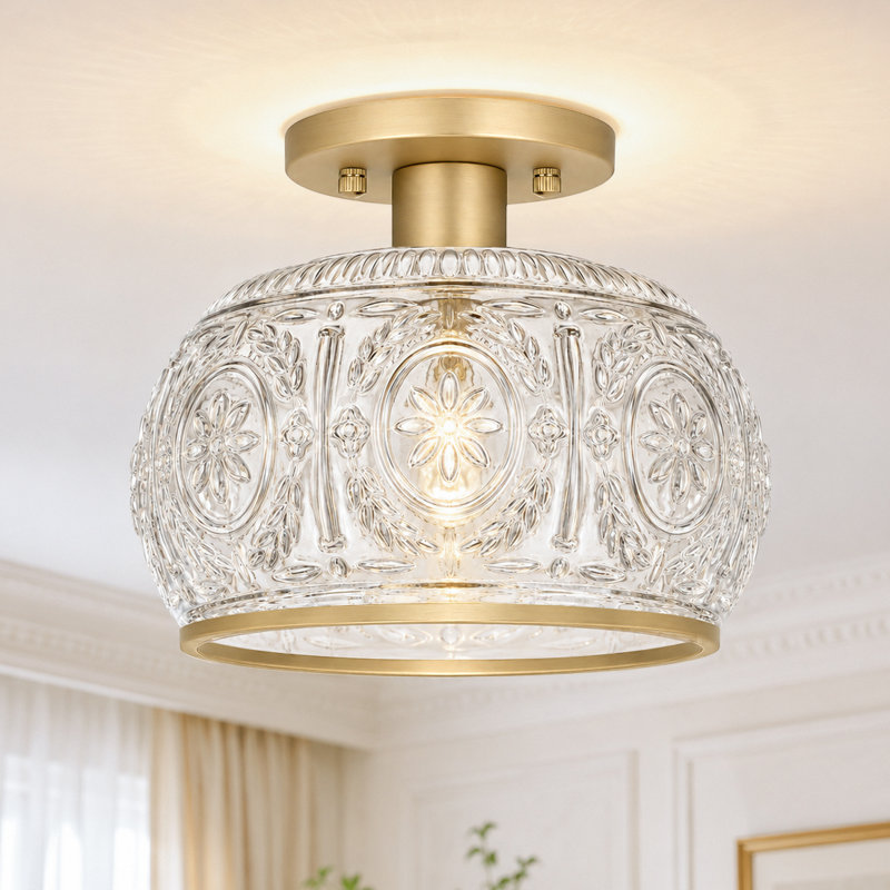 Gold Semi-flush Mount Ceiling Light With Etched Glass Globe, Vintage Industrial Antique Brass Finish For Low Ceilings, Brass