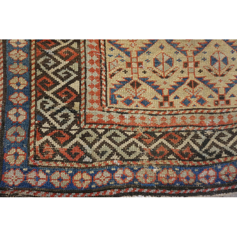 Light Cream Color Antique Caucasian Tribal Geometric Shirvan Rug