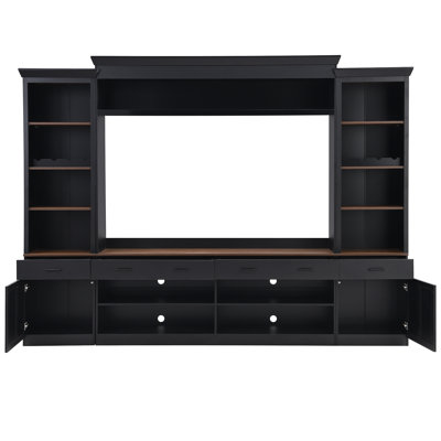 4-Piece Entertainment Center with Bookshelf for TVs Up to 70", Walnut TV Stand with Adjustable Shelves, Mid-Century Media Console with Wine Rack