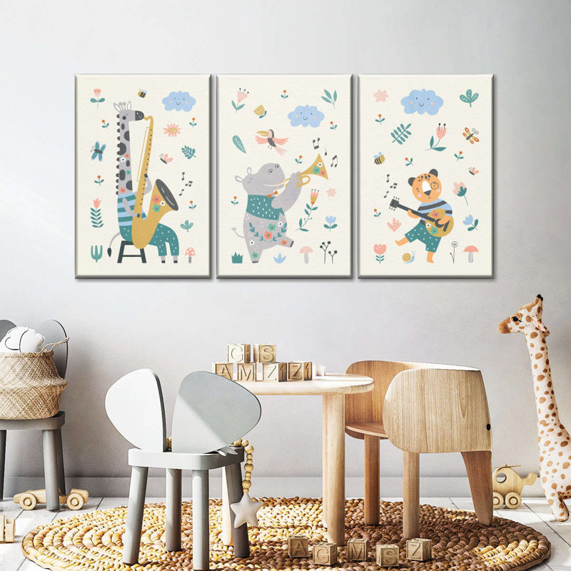 «Musical Trio Animals», reproduction d'art sur toile, H 15 po x l 32 po x P 1,25 po